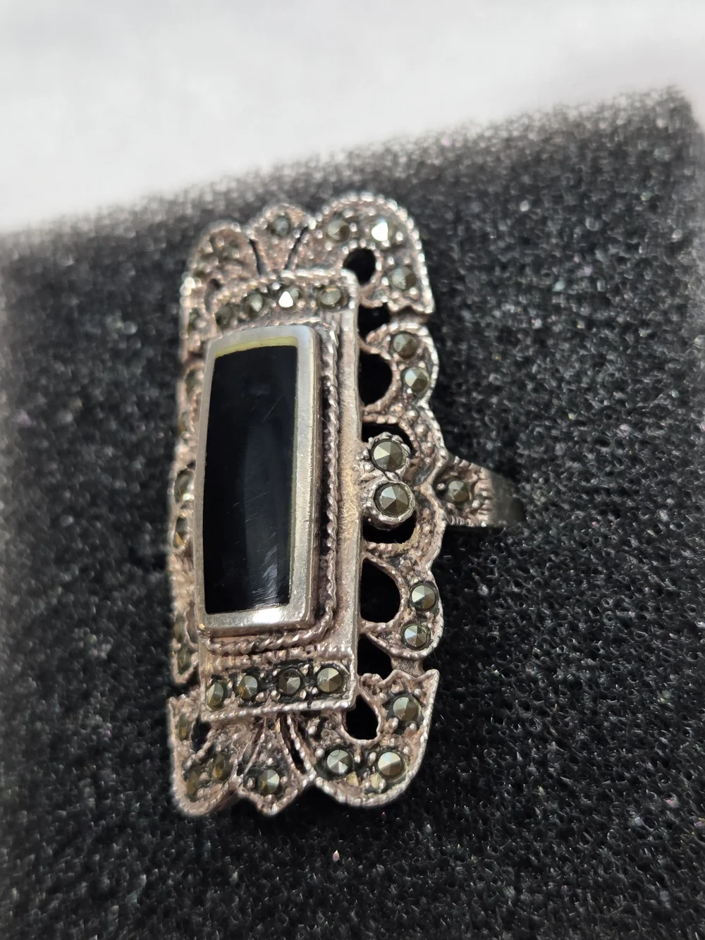 Vintage Black Onyx Marcasite Filigree Statement Ring
